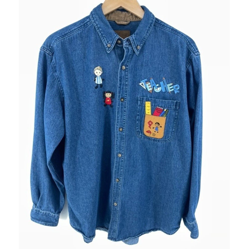 Vintage Denim Shirt Women L Teacher Embroidered Patches Button Up Long Sleeve
